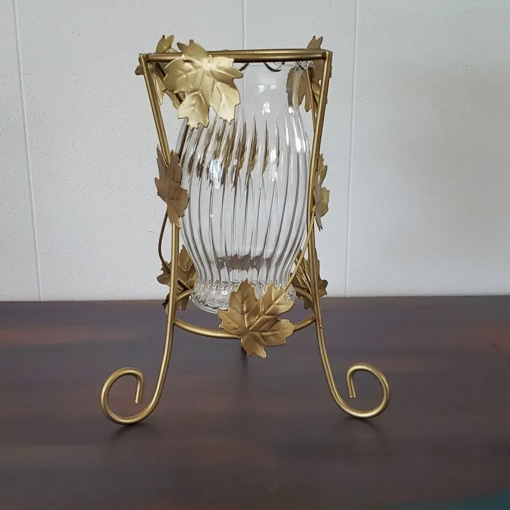 Pretty Gold Stand Leaf Design Vase/Candle Holder with Glass Container